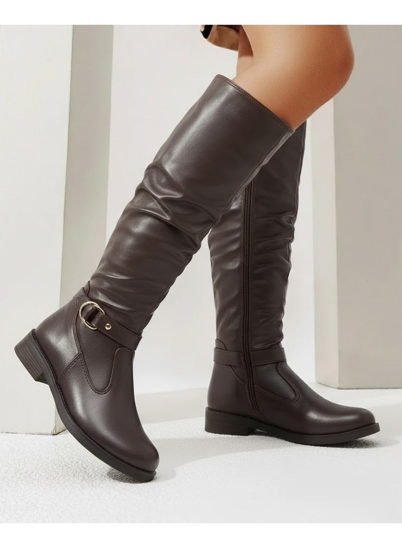 لايف ستيلاش  حذاء طويل من الجلد المريح LB-43 - بني - Image 1